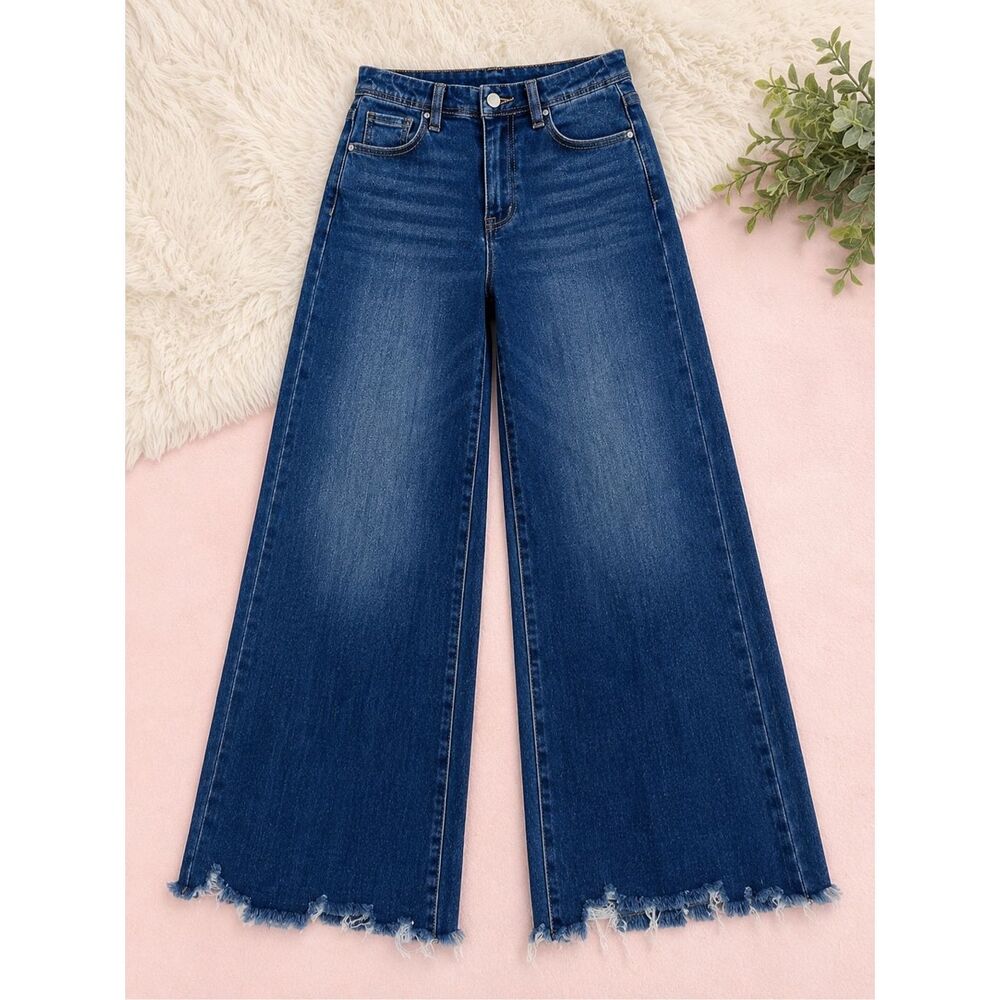 Risen High Rise Dark Wash Wide Leg Raw Hem Stretch Denim Jeans NWT - Picture 11 of 14